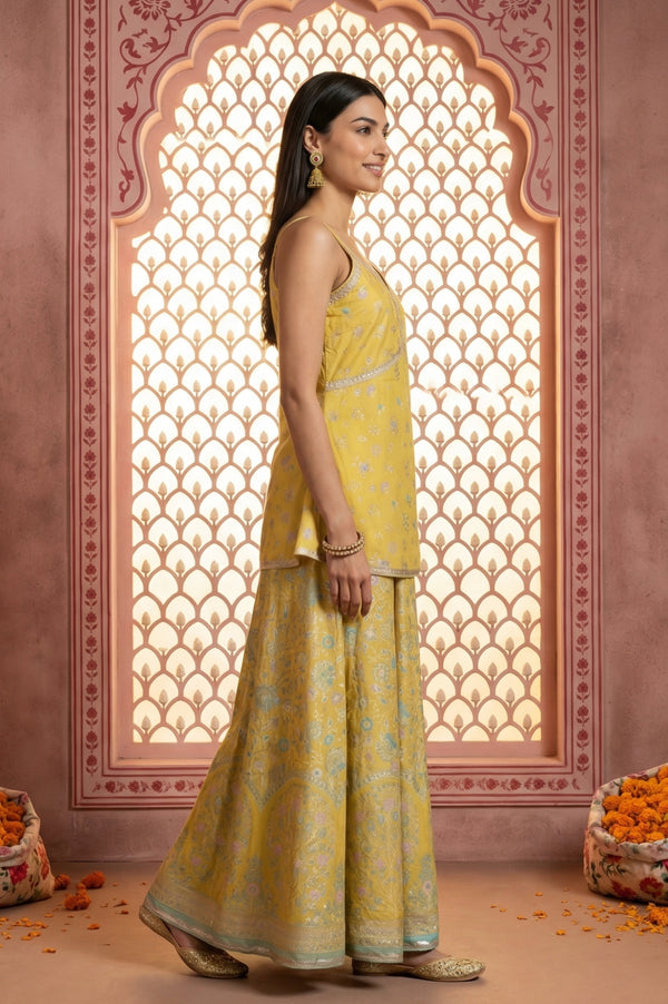 Yellow Floral Printed Sequins Spaghetti Strap Short Top and Lehenga Set with Dupatta