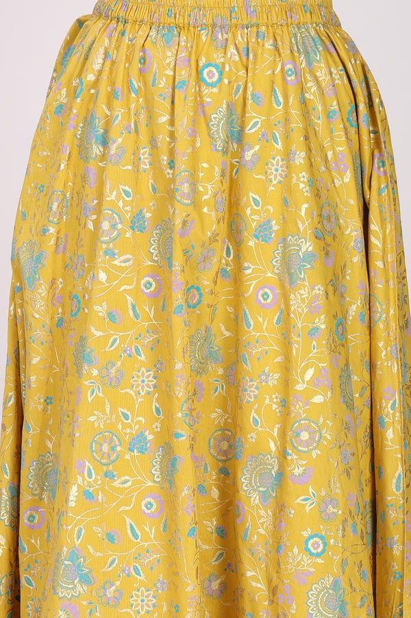 Yellow Floral Printed Sequins Spaghetti Strap Short Top and Lehenga Set with Dupatta