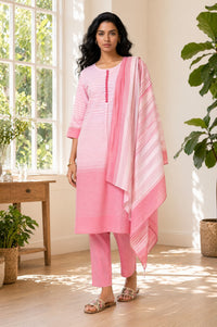 Pink Striped Thread Embroidered Yarn Dyed Cotton Blend Straight Kurta with Trousers and Dupatta Set