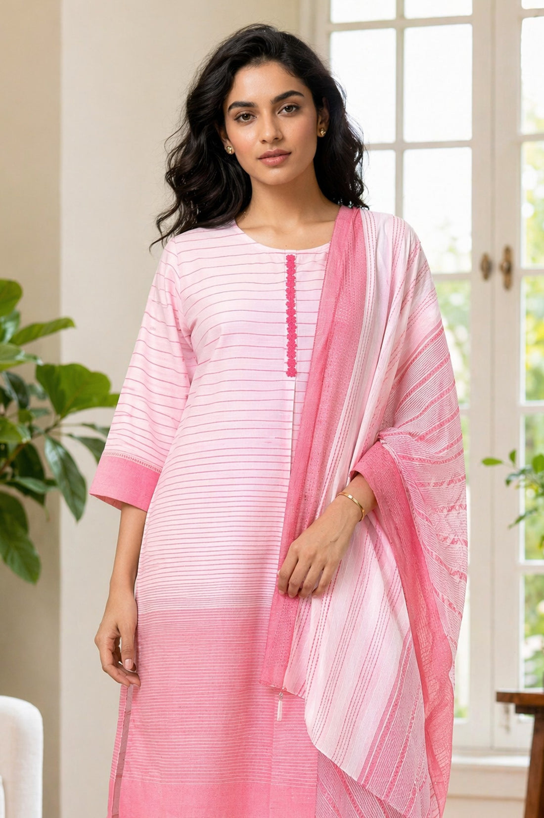 Pink Striped Thread Embroidered Yarn Dyed Cotton Blend Straight Kurta with Trousers and Dupatta Set