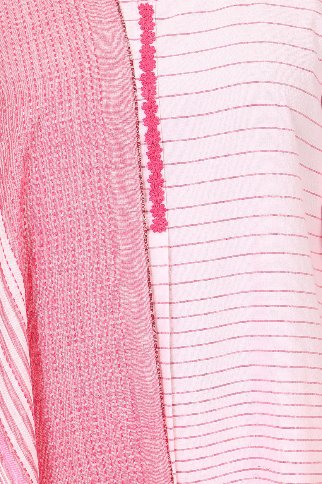 Pink Striped Thread Embroidered Yarn Dyed Cotton Blend Straight Kurta with Trousers and Dupatta Set