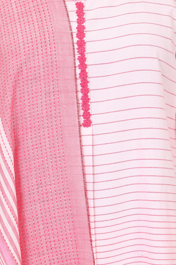 Pink Striped Thread Embroidered Yarn Dyed Cotton Blend Straight Kurta with Trousers and Dupatta Set