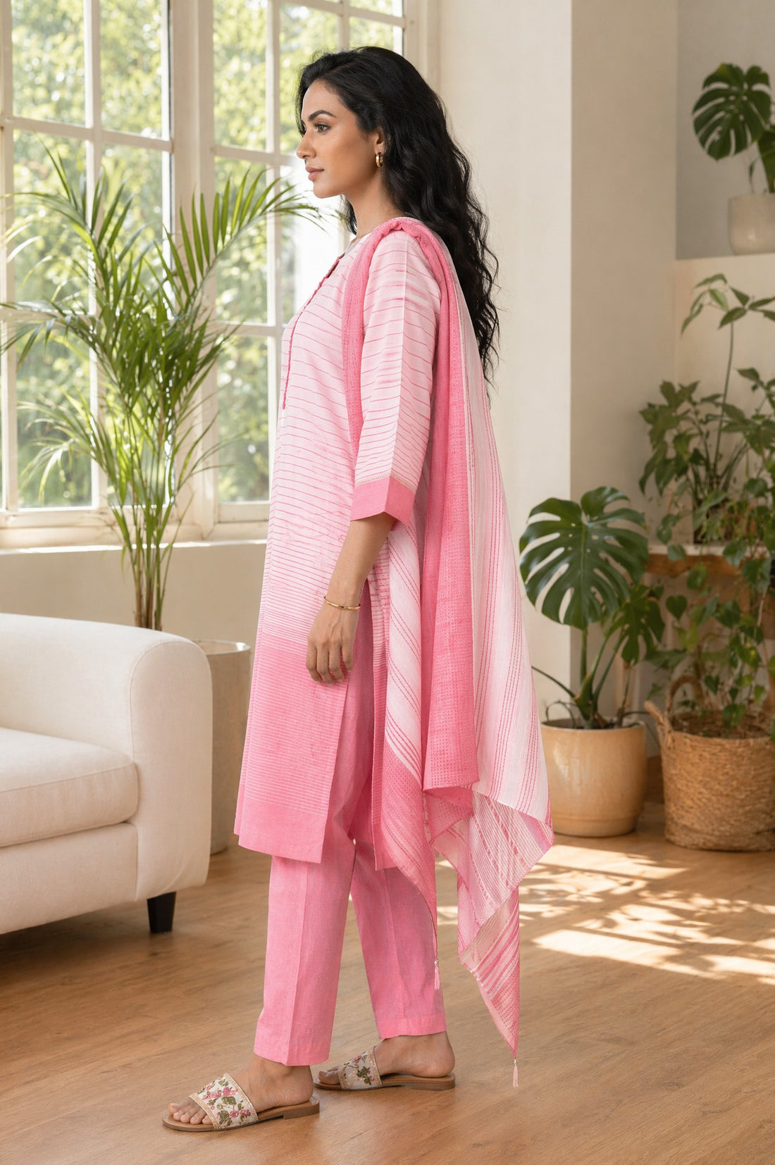 Pink Striped Thread Embroidered Yarn Dyed Cotton Blend Straight Kurta with Trousers and Dupatta Set