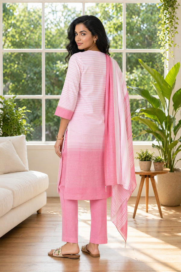Pink Striped Thread Embroidered Yarn Dyed Cotton Blend Straight Kurta with Trousers and Dupatta Set