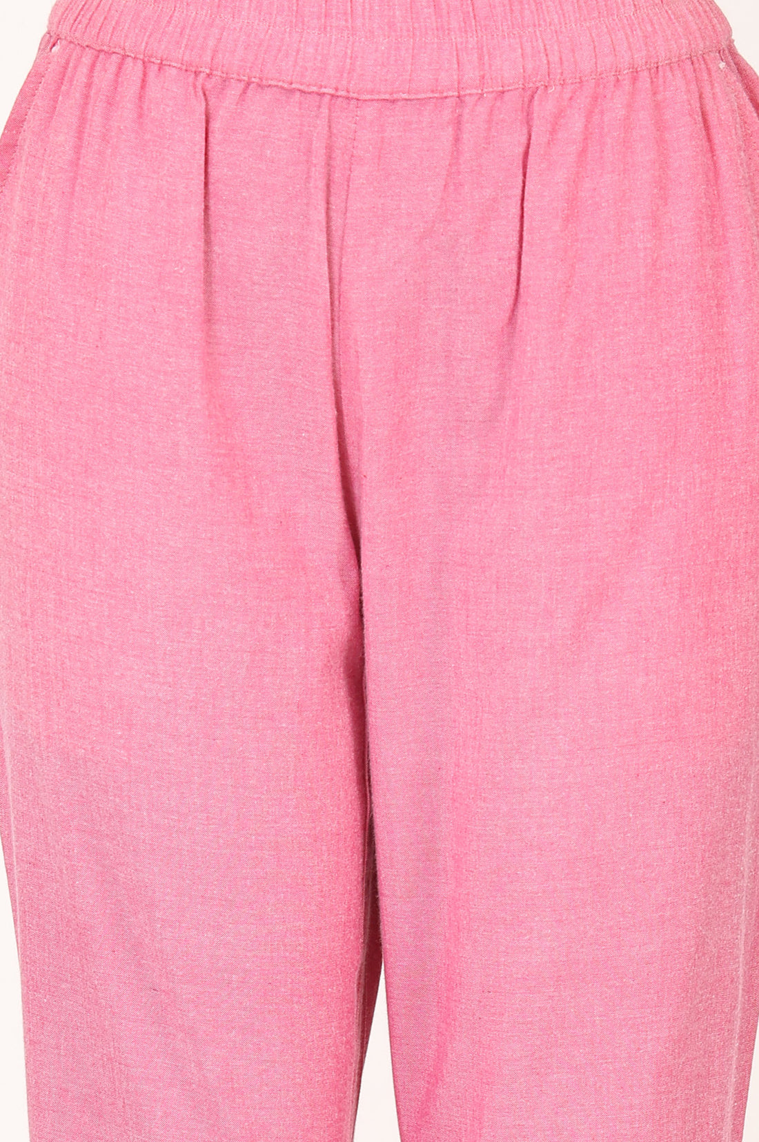 Pink Striped Thread Embroidered Yarn Dyed Cotton Blend Straight Kurta with Trousers and Dupatta Set