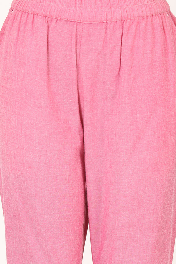 Pink Striped Thread Embroidered Yarn Dyed Cotton Blend Straight Kurta with Trousers and Dupatta Set
