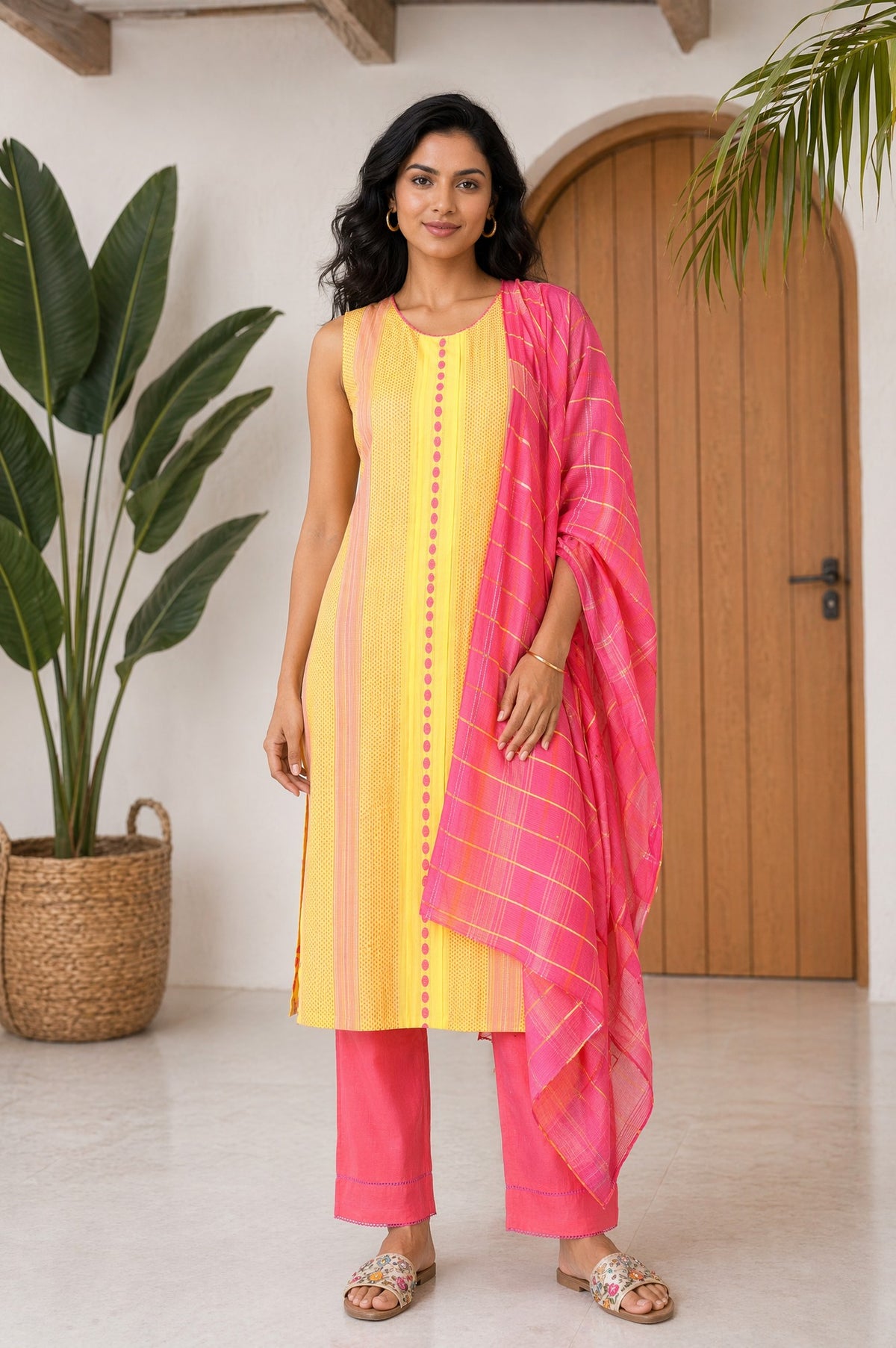 Aurelia Women's Yellow Yarn Dyed Striped Cotton Blend Sleeveless Straight Kurta with Trousers and Dupatta Set - XS