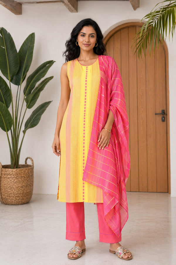 Aurelia Women's Yellow Yarn Dyed Striped Cotton Blend Sleeveless Straight Kurta with Trousers and Dupatta Set