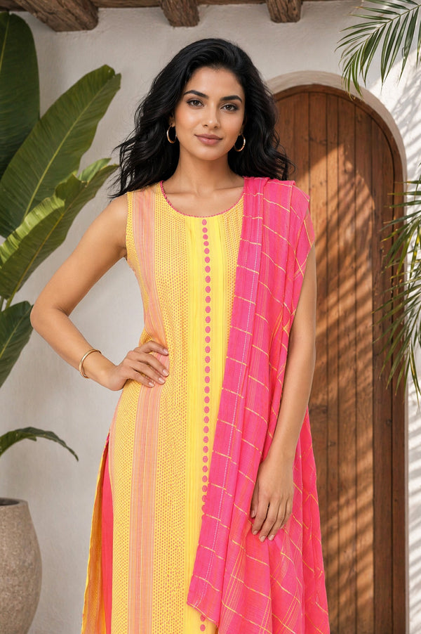 Aurelia Women's Yellow Yarn Dyed Striped Cotton Blend Sleeveless Straight Kurta with Trousers and Dupatta Set
