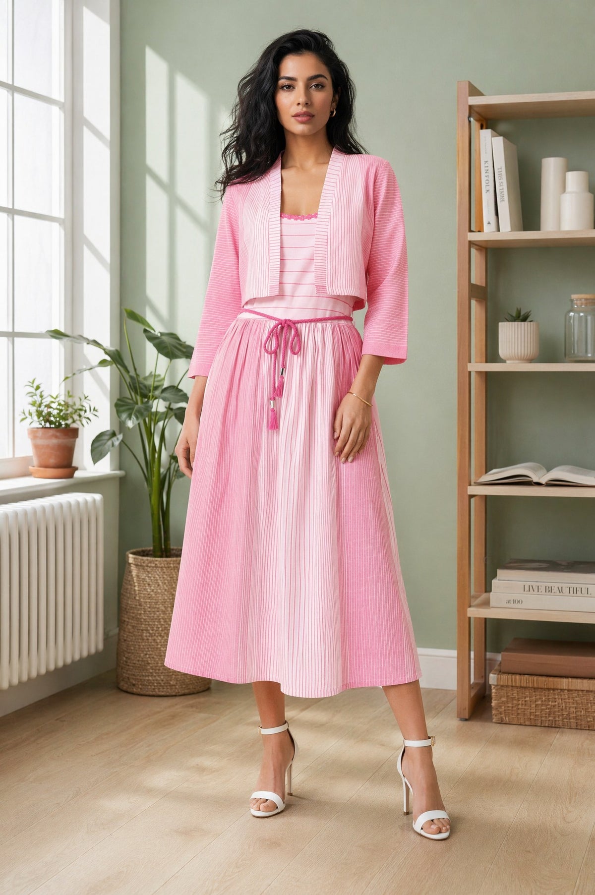 Aurelia Women's Light Pink Yarn Dyed Striped Cotton Blend Flared Dress and Jacket Set - M