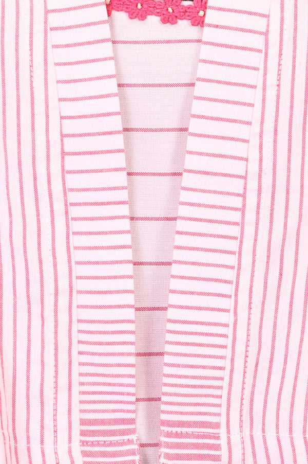 Aurelia Women's Light Pink Yarn Dyed Striped Cotton Blend Flared Dress and Jacket Set