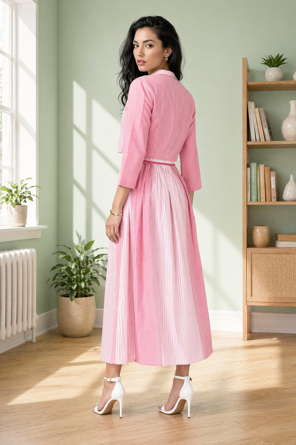 Aurelia Women's Light Pink Yarn Dyed Striped Cotton Blend Flared Dress and Jacket Set
