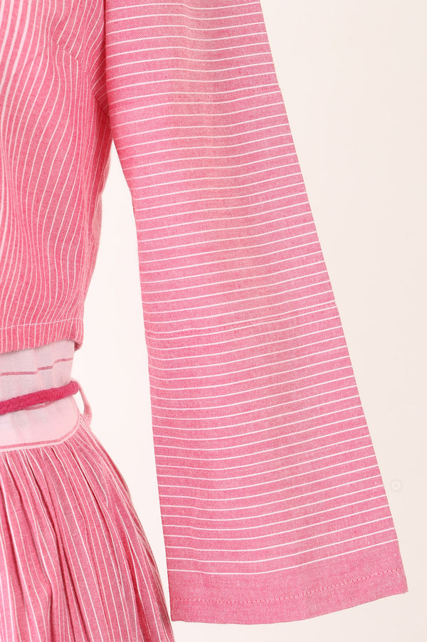 Aurelia Women's Light Pink Yarn Dyed Striped Cotton Blend Flared Dress and Jacket Set