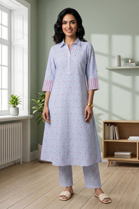 Blue Striped Cotton Rayon Straight Kurta With Trousers And Dupatta Set