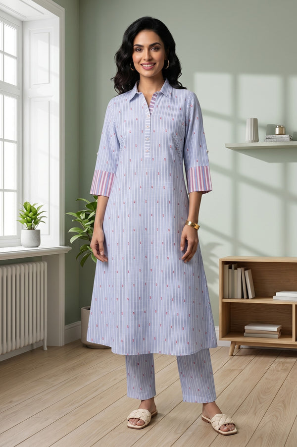 Blue Striped Cotton Rayon Straight Kurta With Trousers And Dupatta Set