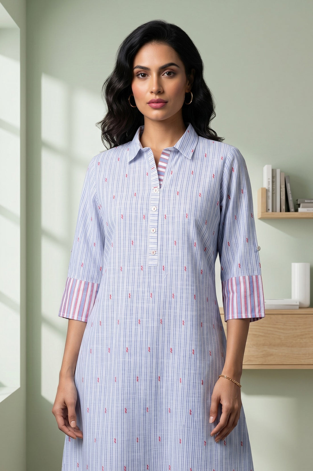 Blue Striped Cotton Rayon Straight Kurta With Trousers And Dupatta Set