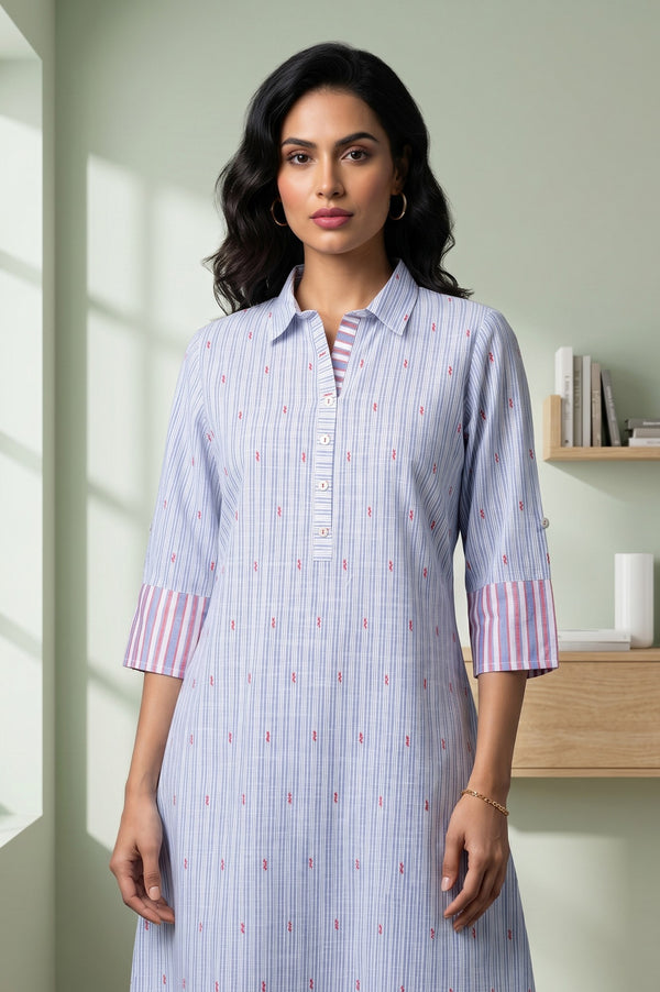 Blue Striped Cotton Rayon Straight Kurta With Trousers And Dupatta Set