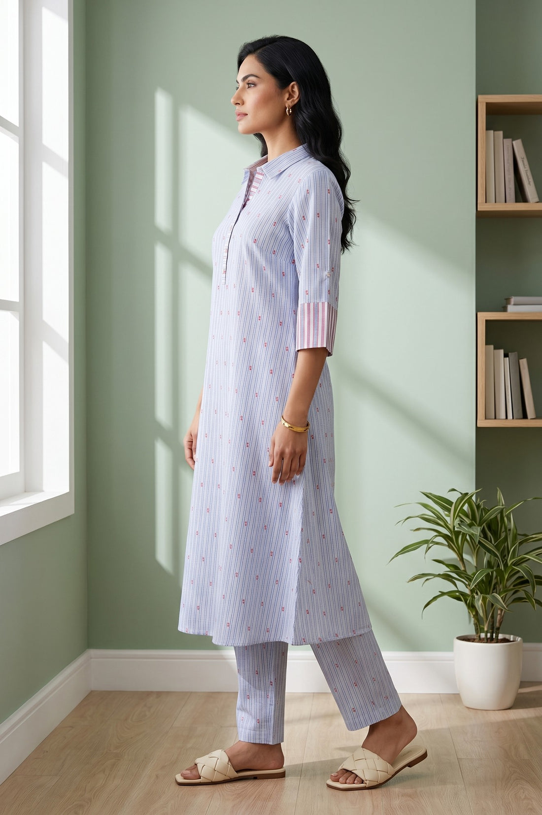 Blue Striped Cotton Rayon Straight Kurta With Trousers And Dupatta Set