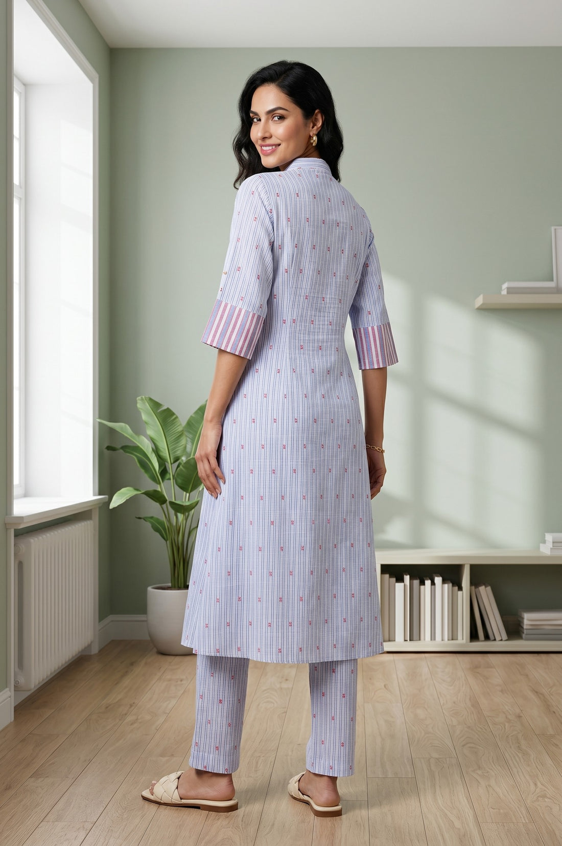 Blue Striped Cotton Rayon Straight Kurta With Trousers And Dupatta Set