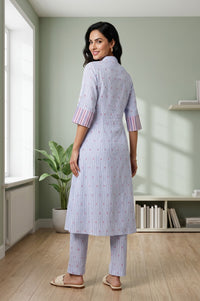 Blue Striped Cotton Rayon Straight Kurta With Trousers And Dupatta Set