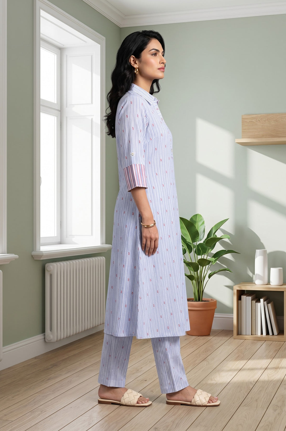Blue Striped Cotton Rayon Straight Kurta With Trousers And Dupatta Set