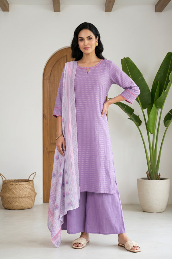 Lavender Yarn Dyed Cotton Rayon Straight Kurta With Palazzo And Dupatta Set