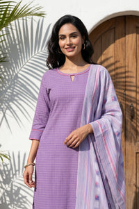 Lavender Yarn Dyed Cotton Rayon Straight Kurta With Palazzo And Dupatta Set