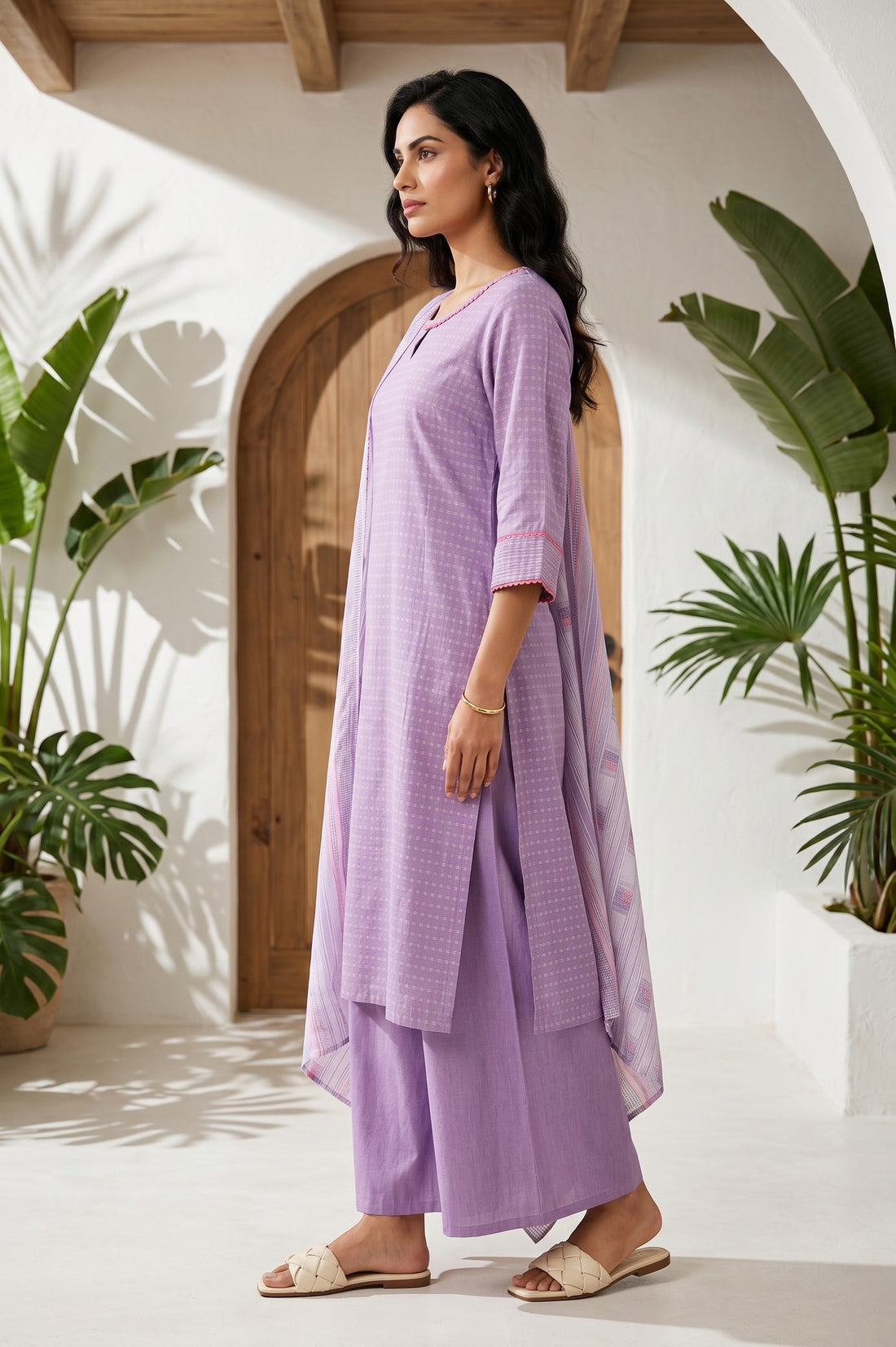 Lavender Yarn Dyed Cotton Rayon Straight Kurta With Palazzo And Dupatta Set