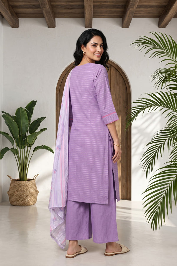 Lavender Yarn Dyed Cotton Rayon Straight Kurta With Palazzo And Dupatta Set