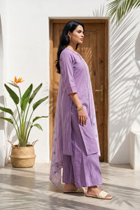 Lavender Yarn Dyed Cotton Rayon Straight Kurta With Palazzo And Dupatta Set