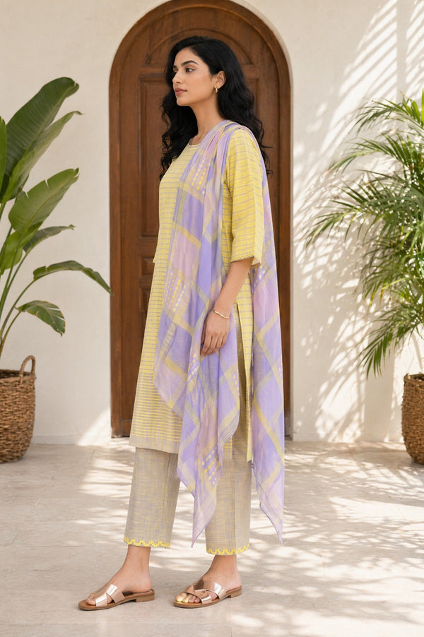 Aurelia Women's Yellow Yarn Dyed Checkered Lace Pure Cotton Straight Kurta with Palazzo and Dupatta Set