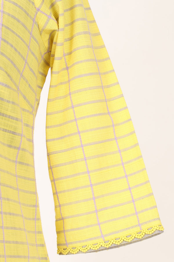 Aurelia Women's Yellow Yarn Dyed Checkered Lace Pure Cotton Straight Kurta with Palazzo and Dupatta Set