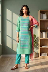 Green Striped Cotton Blend Straight Kurta With Trousers And Stole Set