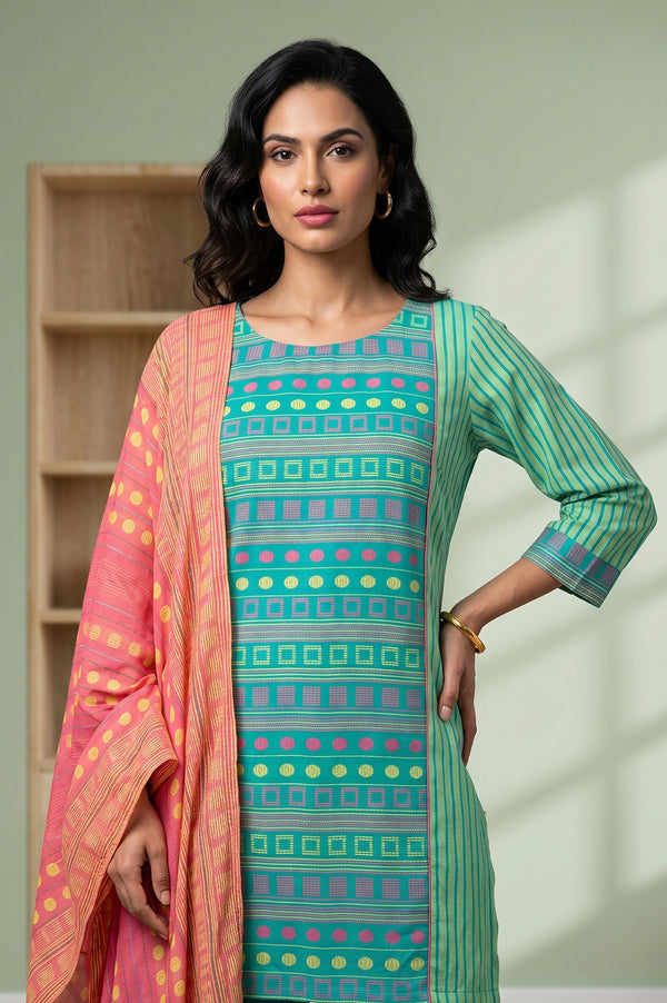Green Striped Cotton Blend Straight Kurta With Trousers And Stole Set