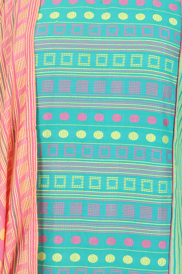 Green Striped Cotton Blend Straight Kurta With Trousers And Stole Set