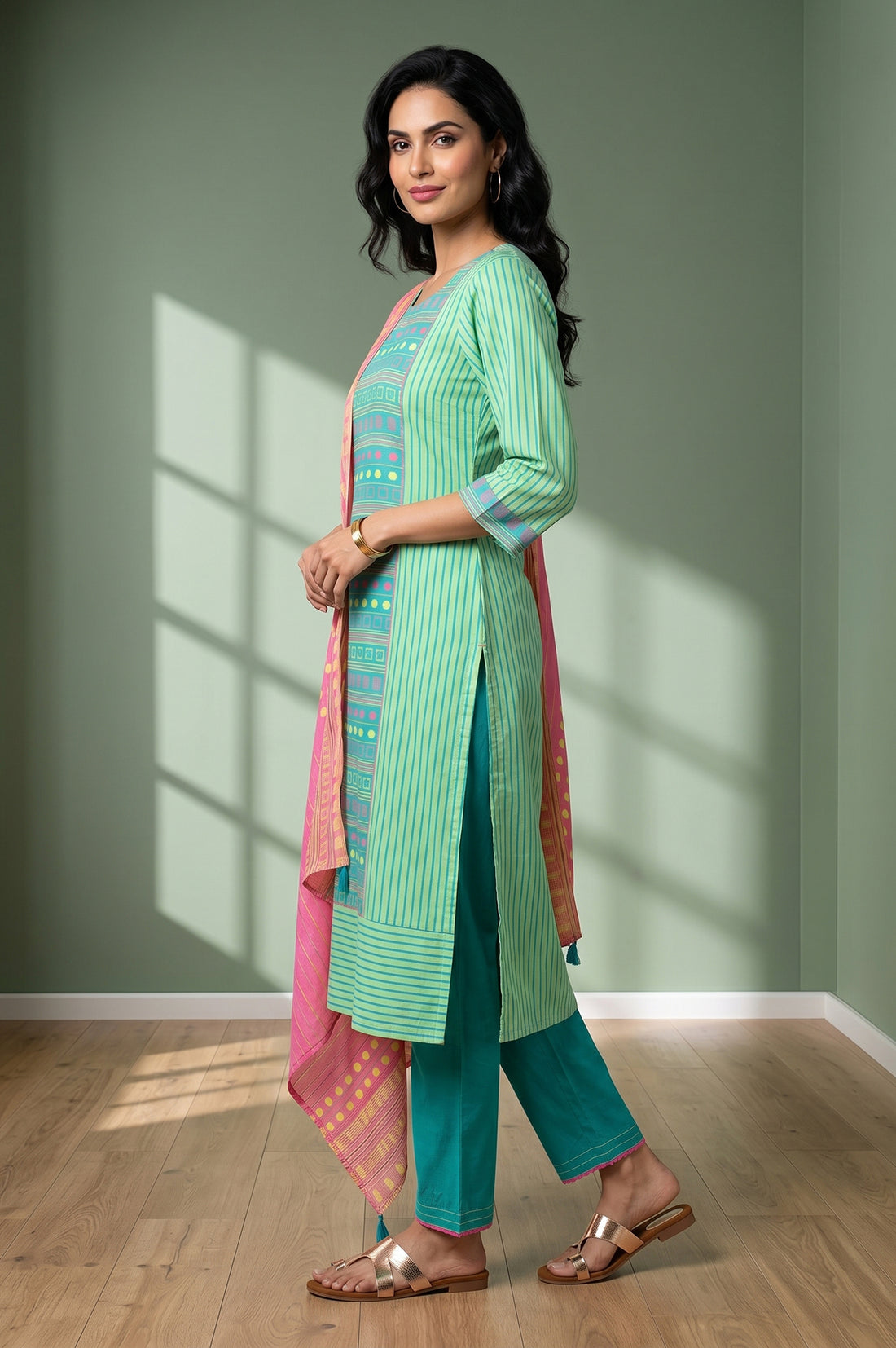 Green Striped Cotton Blend Straight Kurta With Trousers And Stole Set