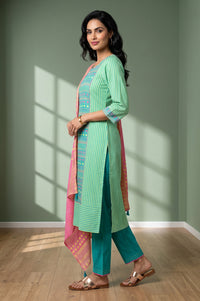 Green Striped Cotton Blend Straight Kurta With Trousers And Stole Set