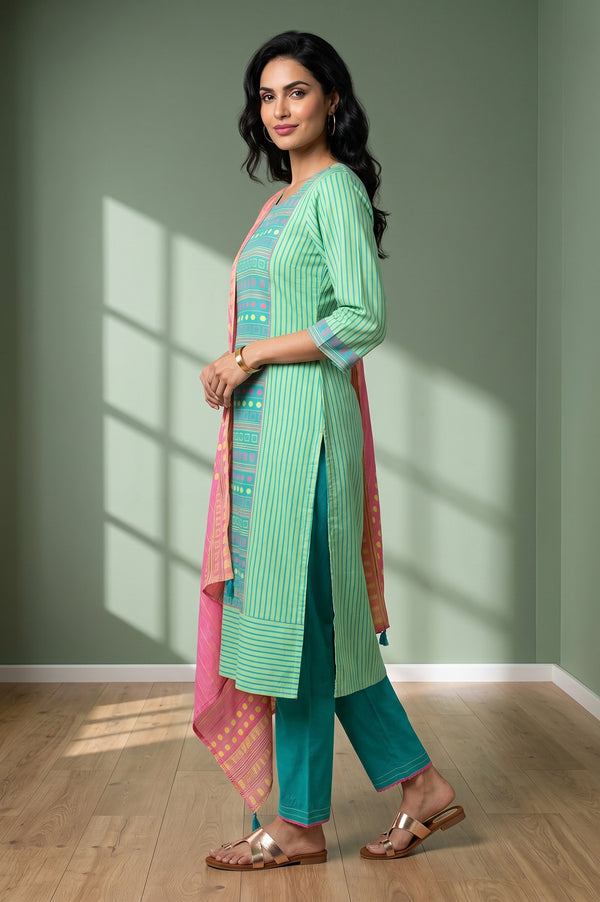 Green Striped Cotton Blend Straight Kurta With Trousers And Stole Set
