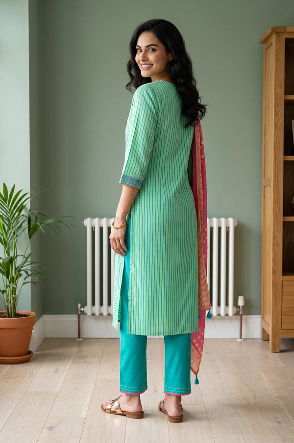 Green Striped Cotton Blend Straight Kurta With Trousers And Stole Set