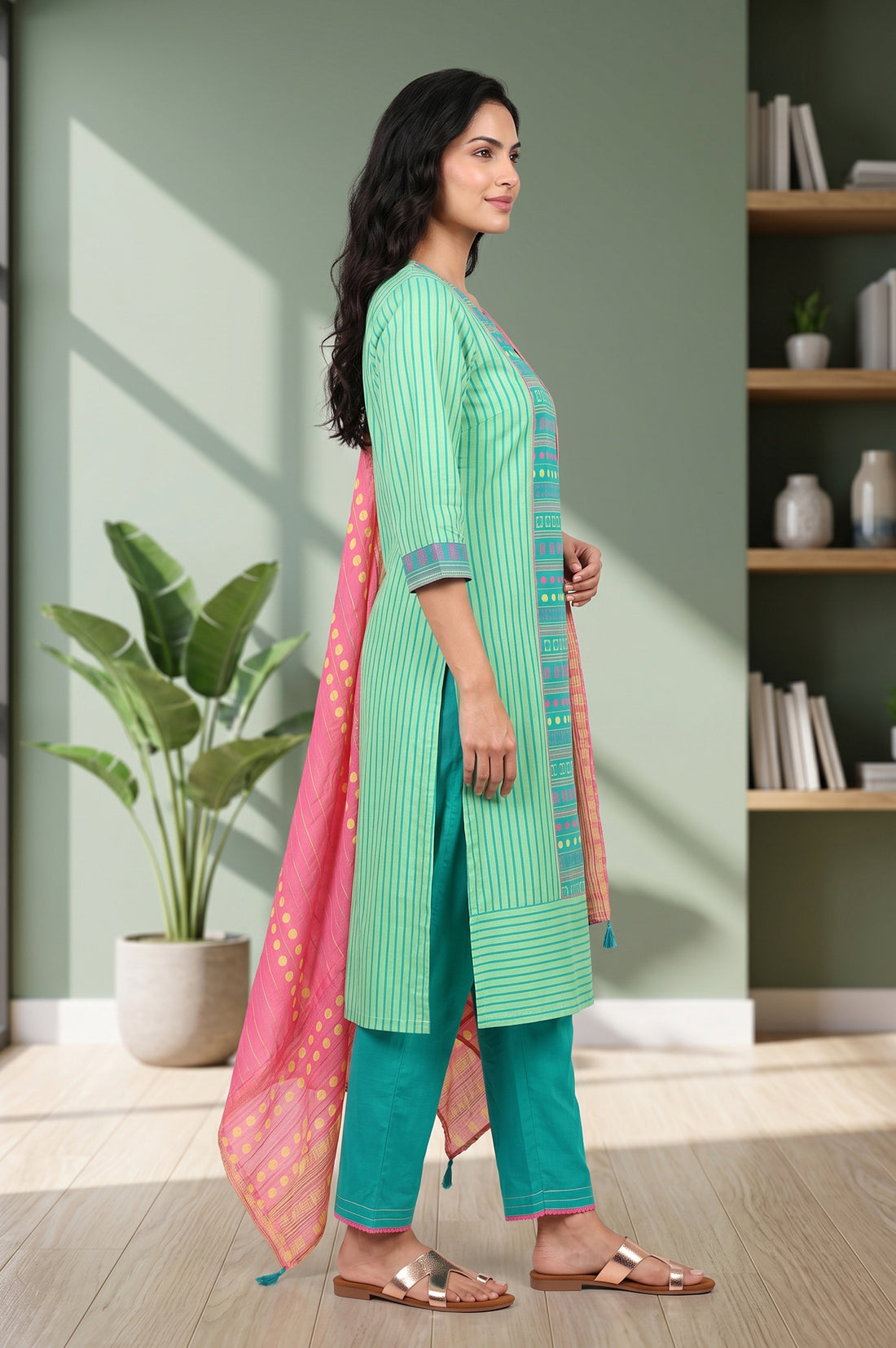 Green Striped Cotton Blend Straight Kurta With Trousers And Stole Set