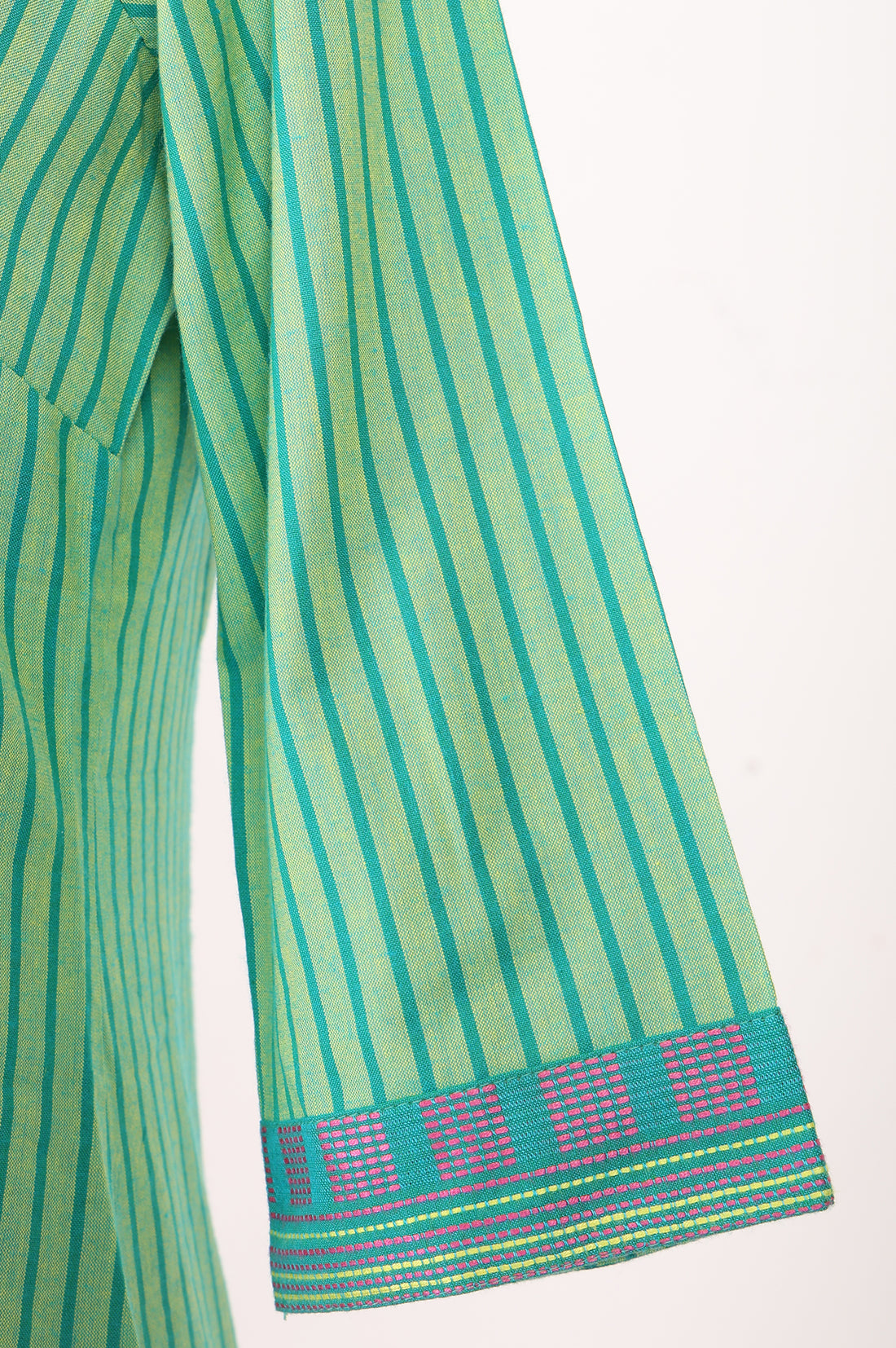 Green Striped Cotton Blend Straight Kurta With Trousers And Stole Set