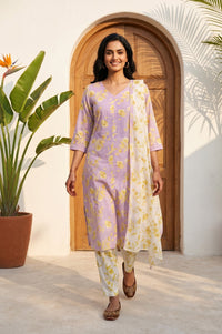 Lavender Floral Printed Pure Cotton Straight Kurta With Salwar and Stole Set