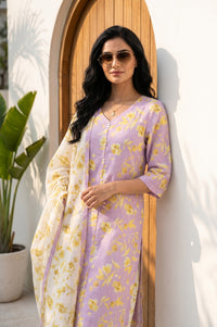 Lavender Floral Printed Pure Cotton Straight Kurta With Salwar and Stole Set