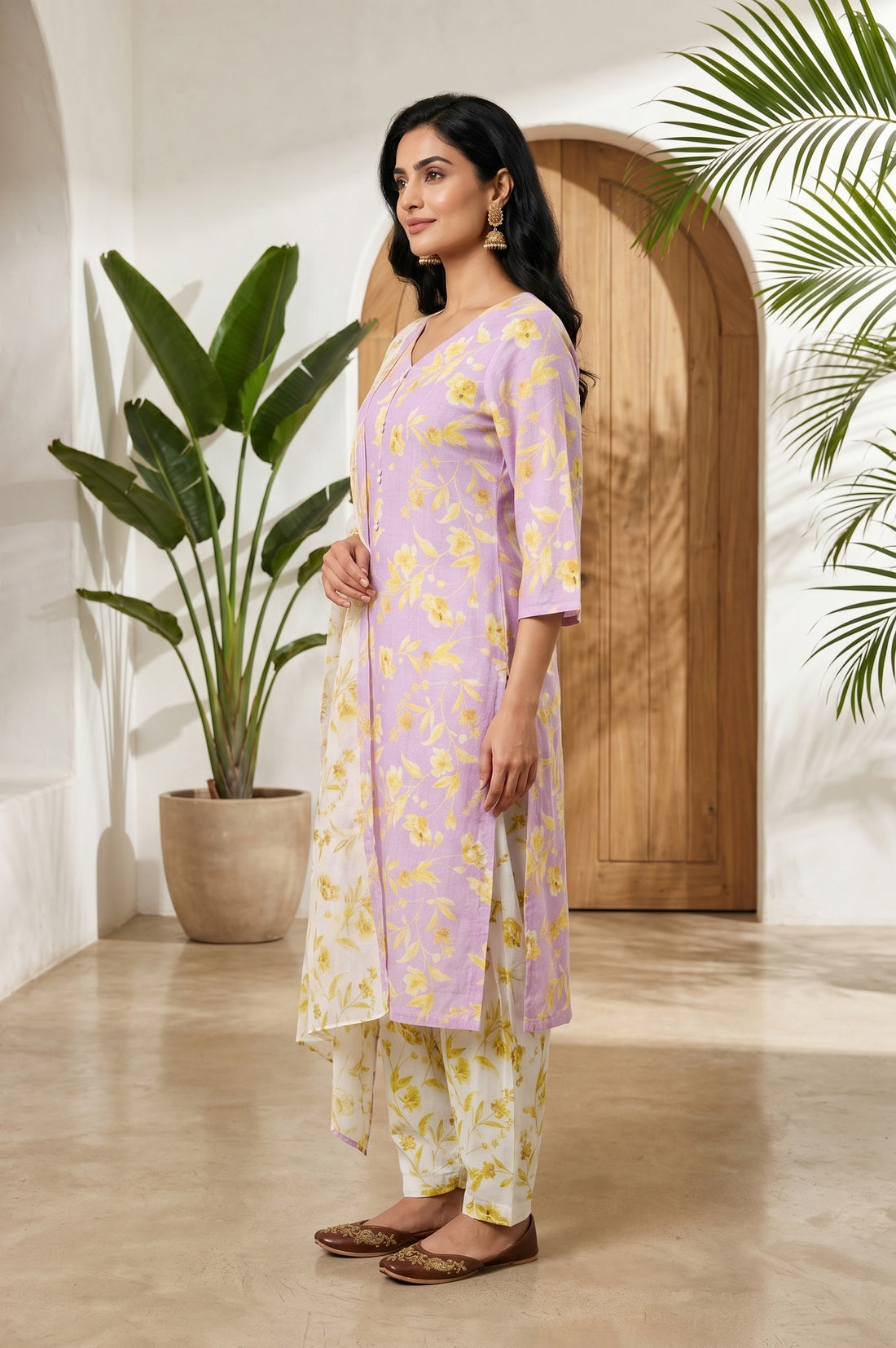 Lavender Floral Printed Pure Cotton Straight Kurta With Salwar and Stole Set
