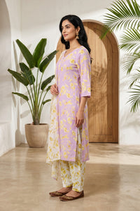 Lavender Floral Printed Pure Cotton Straight Kurta With Salwar and Stole Set