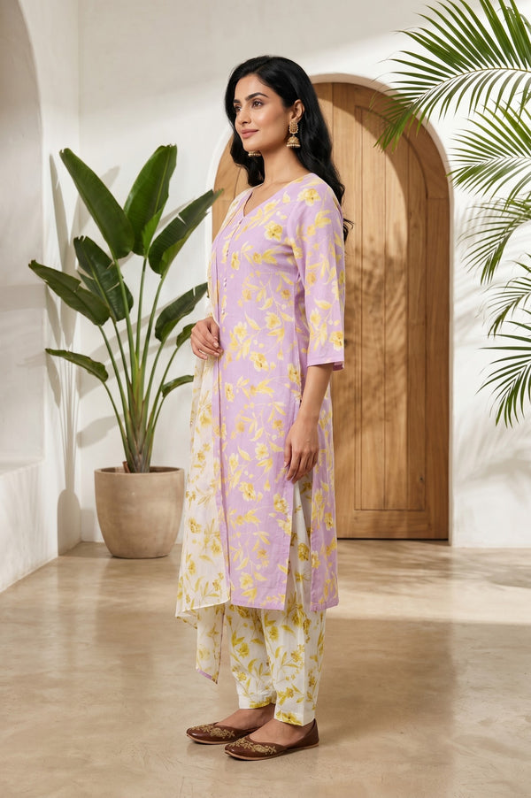 Lavender Floral Printed Pure Cotton Straight Kurta With Salwar and Stole Set