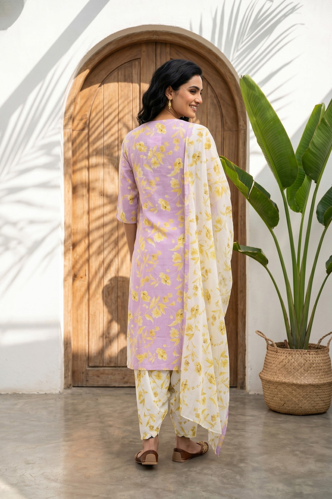 Lavender Floral Printed Pure Cotton Straight Kurta With Salwar and Stole Set