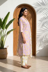 Lavender Floral Printed Pure Cotton Straight Kurta With Salwar and Stole Set