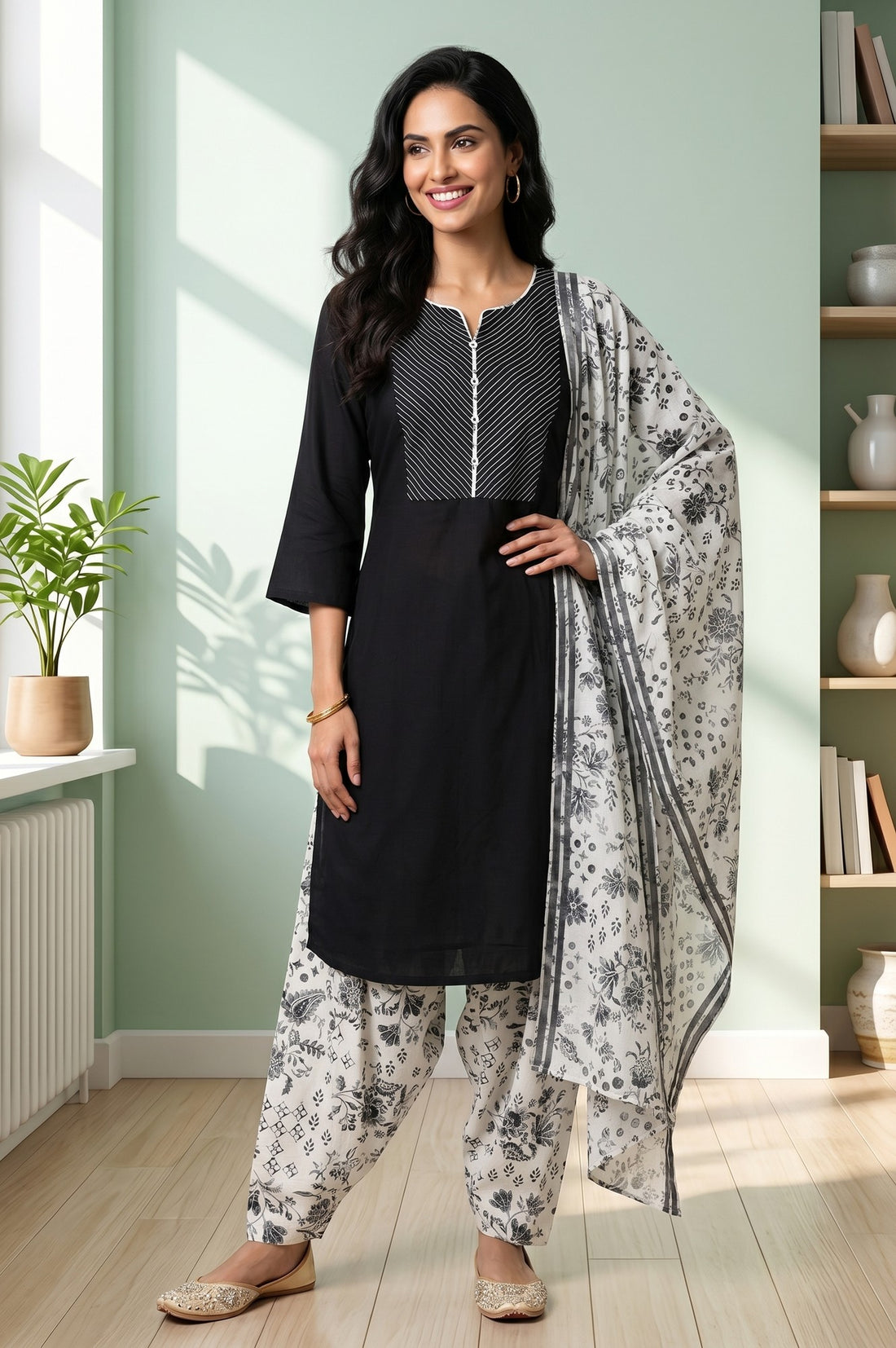 Black Solid Viscose Straight Kurta With Salwar And Stole Set