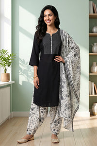 Black Solid Viscose Straight Kurta With Salwar And Stole Set